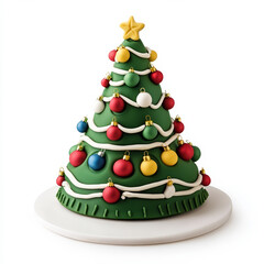Wide angle of a Christmas tree-shaped cake with colorful ornaments isolated on white background 