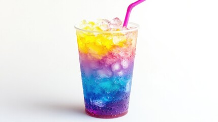 Anime drink in a colorful cup with a straw and ice, isolated on a white background