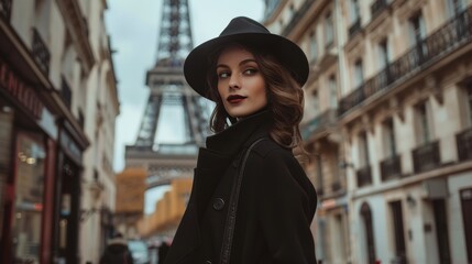 Fototapeta premium Stylish french woman by eiffel tower, exuding parisian charm in a classic street scene