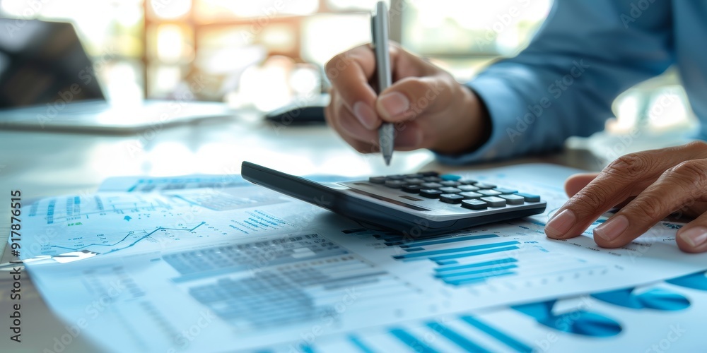Fototapete A businessperson analyzing a policy document with a calculator and financial charts nearby, highlighting the integration of financial analysis and policy review in a corporate setting