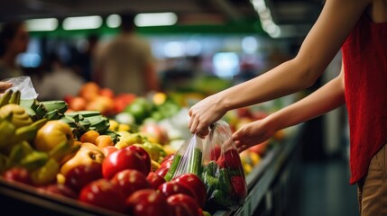 Obraz premium a woman with a reusable shopping bag filling it with colorful fruits