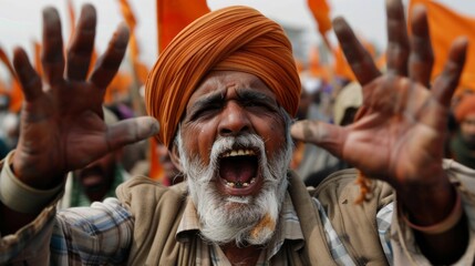 A man with a beard and mustache is yelling at a crowd
