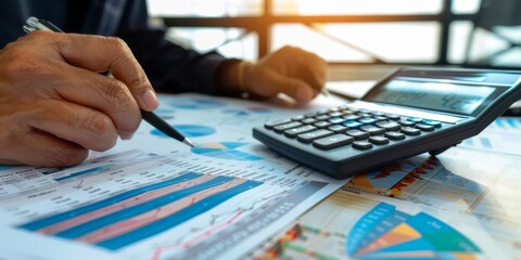 A businessperson analyzing a policy document with a calculator and financial charts nearby, highlighting the integration of financial analysis and policy review in a corporate setting