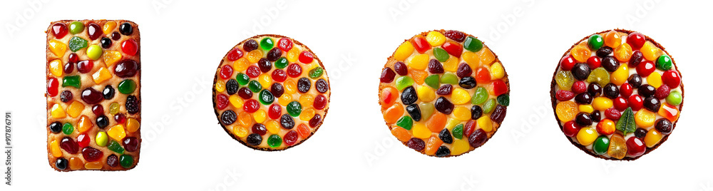 Poster Assorted colorful fruitcakes decorated with vibrant candied fruits, perfect for Christmas celebrations and festive holiday gatherings