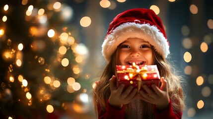 Girl smiles, holding a christmas gift by a twinkling tree. The cozy scene captures holiday joy and love