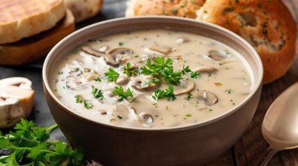 Creamy mushroom soup with fresh parsley and crusty bread roll   realistic food photography