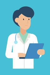 Fototapeta premium Medical professionals review patient information on a digital tablet, flat vector illustration