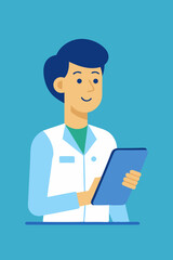 Medical professionals review patient information on a digital tablet, flat vector illustration