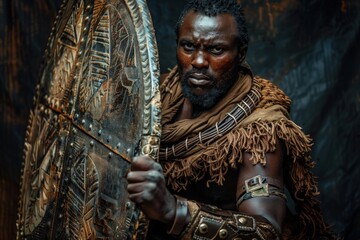 Fototapeta premium A fierce Zulu warrior stands proud with a beautifully crafted shield, showcasing strength and heritage in a vibrant setting.