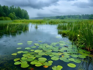 Serene Pond with Lily Pads and Reeds Under Rainy Overcast Sky Scenic Landscape