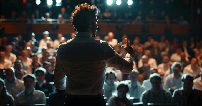 A leader giving a motivational speech to a large audience, highlighting their unique ability to inspire and lead with individuality