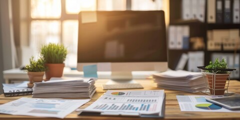 Fototapeta premium A desktop with policy documents and manuals arranged in neat piles, demonstrating the meticulous organization required for effective business policy management