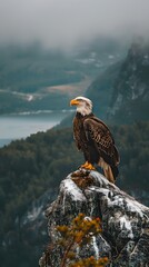 Fototapeta premium Majestic eagle perched on a cliff overlooking a vast landscape