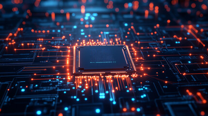 A central processing unit (CPU) at the center of a digital circuit board, with glowing blue lines radiating outward, representing the flow of data in a high-tech, futuristic design