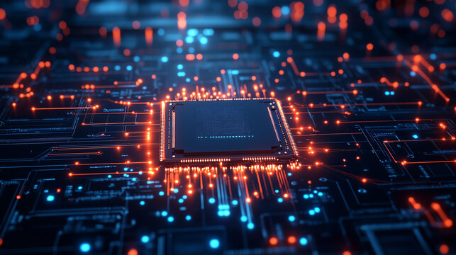 A central processing unit (CPU) at the center of a digital circuit board, with glowing blue lines radiating outward, representing the flow of data in a high-tech, futuristic design