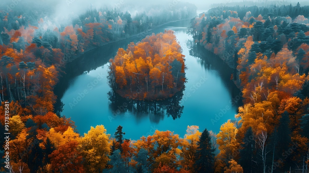 Poster Serene Autumn Landscape with River Winding Through Vibrant Forest