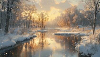 Fototapeta premium Serene Winter Stream Winding Through Snow-Covered Forest: Captivating Anime-Style Landscape Capturing Nature's Tranquil Beauty. Vibrant Digital Art for Book Illustrations and Creative Marketing Visual