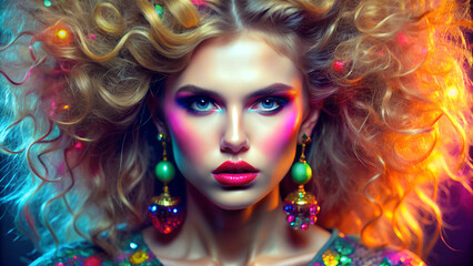 Fototapeta premium Model with Elegant Colorful Makeup and Pink Blush on Her Cheeks.