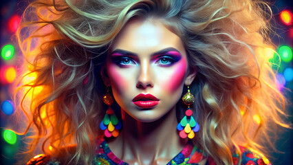 Fototapeta premium Model with Elegant Colorful Makeup and Pink Blush on Her Cheeks.