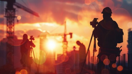 Fototapeta premium Construction team and survey engineer collaborate at worksite, showcasing vital industry teamwork