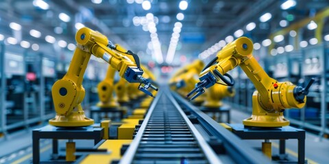 An industrial environment with machines processing products, including assembly, quality checks, and packaging, demonstrating advanced manufacturing and efficiency