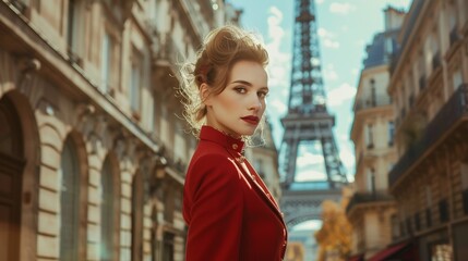 Elegant french woman walking in paris with iconic eiffel tower in background, classic parisian charm