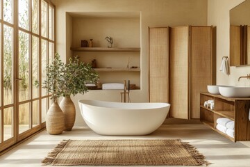 Fototapeta premium beige modern bathroom with an oval bathtub