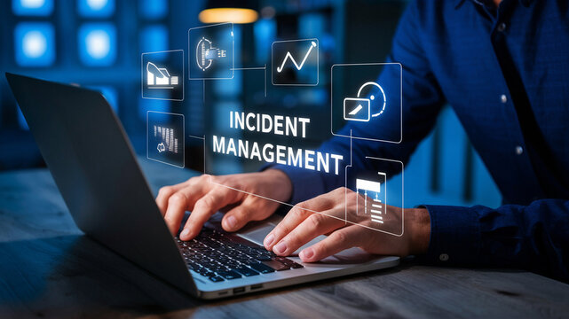 Incident Management in business tech involves swiftly diagnosing and resolving unexpected issues. A businessman uses a laptop with a virtual incident management icon.