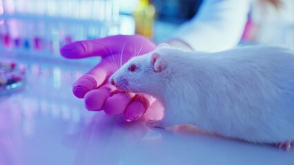 Laboratory Research on White Rat With Purple Neon Technology Equipment