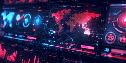 Fototapeta premium Real-time threat monitoring dashboard with live updates and detailed analytics, illustrating how immediate threat assessment helps in protecting digital assets
