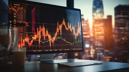 A digital graph of stock market fluctuations projected on a large screen in a dark room,