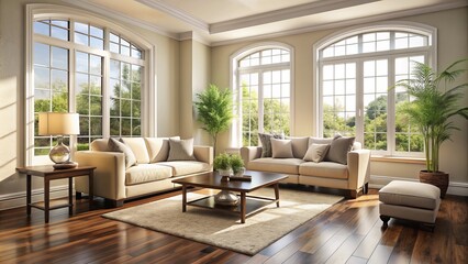 Fototapeta premium Bright and airy living room with cream-colored walls, dark hardwood floors, and a large window allowing natural light to pour in, awaiting decoration.