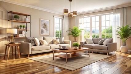 Clean and organized living room with polished hardwood floor, neutral walls, and minimal decor, evoking a sense of serenity and calmness in a warm, inviting atmosphere.