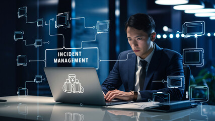 Incident Management in business tech involves swiftly diagnosing and resolving unexpected issues. A businessman uses a laptop with a virtual incident management icon.