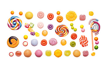 Candies top view on transparent background. Themes related to candies. World of candies. Candy store. Buy and sell candies. Images for graphic designers. Candies isolated. PNG cutout.