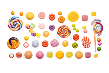 Candies top view on transparent background. Themes related to candies. World of candies. Candy store. Buy and sell candies. Images for graphic designers. Candies isolated. PNG cutout.