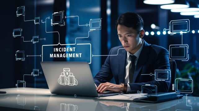 Incident Management in business tech involves swiftly diagnosing and resolving unexpected issues. A businessman uses a laptop with a virtual incident management icon.