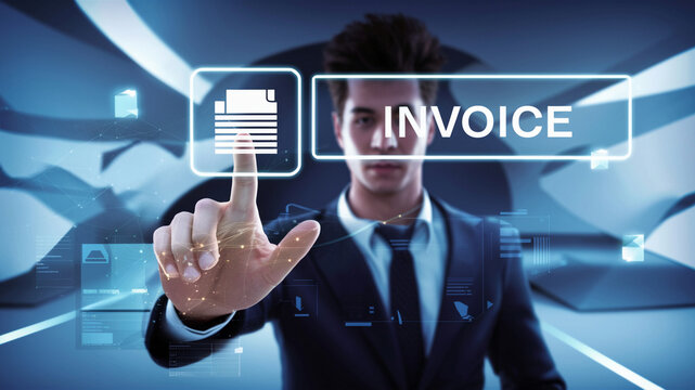 The concept of Invoice and Online Digital Statements involves a businessman interacting with a virtual screen displaying invoice icons, streamlining billing and payment processes.