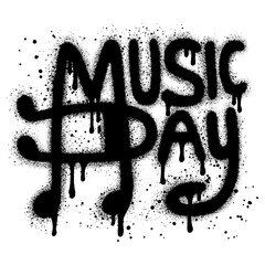 World Music Day graffiti with music symbols spray painted. Music note icon in black and white to celebrate music day