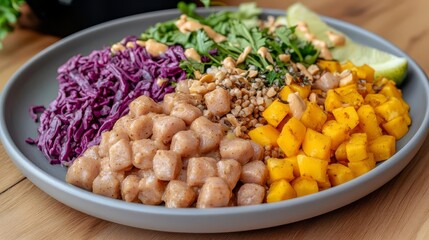 High-protein vegan meal displayed on a modern plate, high-protein vegan meal ideas, supporting a healthy and sustainable diet