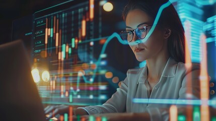 Focused businesswoman examining international data on laptop for global market analysis