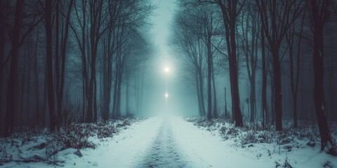 Obraz premium Captivating Anime-Style Winter Wonderland: Ethereal Snowy Landscape with Magical Atmosphere and Serene Beauty. Vibrant Blue Sky and Exquisite Digital Art for Book Illustrations and Creative Marketing 