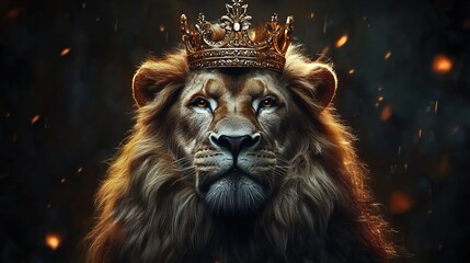 Naklejka premium A majestic lion with crown on head, symbolizing strength and ruler of the jungle, king concept art 