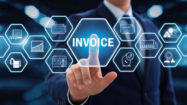 The concept of Invoice and Online Digital Statements involves a businessman interacting with a virtual screen displaying invoice icons, streamlining billing and payment processes.