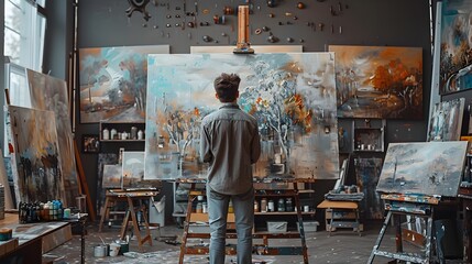 Immersed in Creative Process Surrounded by Vibrant Canvases and Painting Supplies