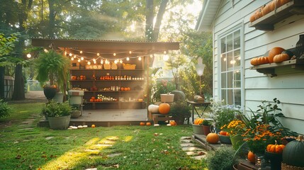 A backyard with fairy tale props, witches casting spells, and a whimsical, enchanting setting © Sunisa