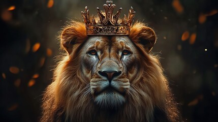 Fototapeta premium A majestic lion with crown on head, symbolizing strength and ruler of the jungle, king concept art 