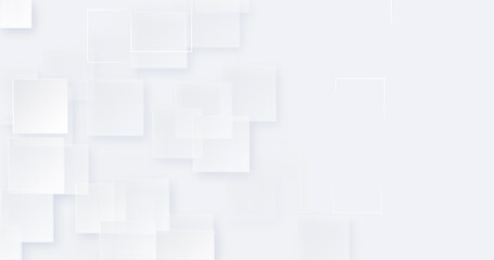 Light grey white geometric  pattern. Dynamic modern empty banner. Abstract blank background. Squares tech creative cover. Blank right text place. Business elegant neumorphism. Technology 3d strict BG 