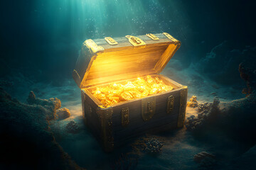 A wooden treasure chest is opening with golden shining lighting, it placed on seabed in the depth of the ocean. 