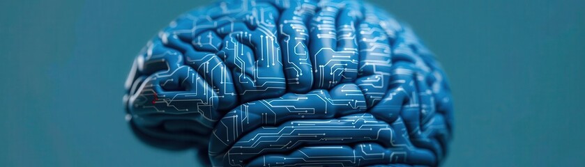 Artistic rendering of blue brain with digital circuits, Alzheimer s research, Fusion of art and technological innovation